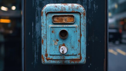 Rusted blue city intercom, blurry street background