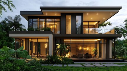 Two Story Modern Villa with Balcony and Elegant Interior Lighting