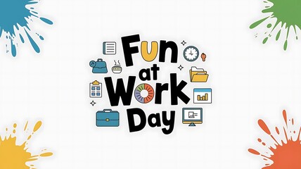 Cheerful Minimalistic Vector Design for International Fun at Work Day with Colorful Splashes and Office Icons