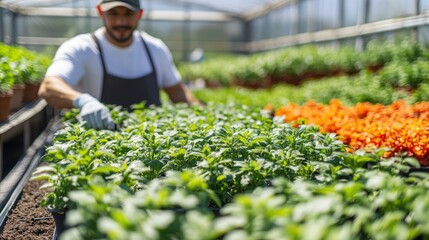 Gardener tending rows of vibrant green seedlings