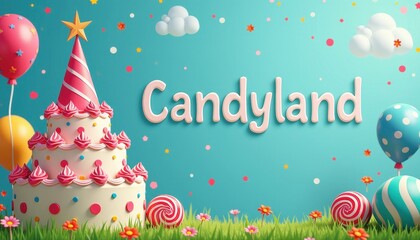 Vibrant Birthday Cake Scene with Stars, Balloons, and Clouds in Candyland Atmosphere