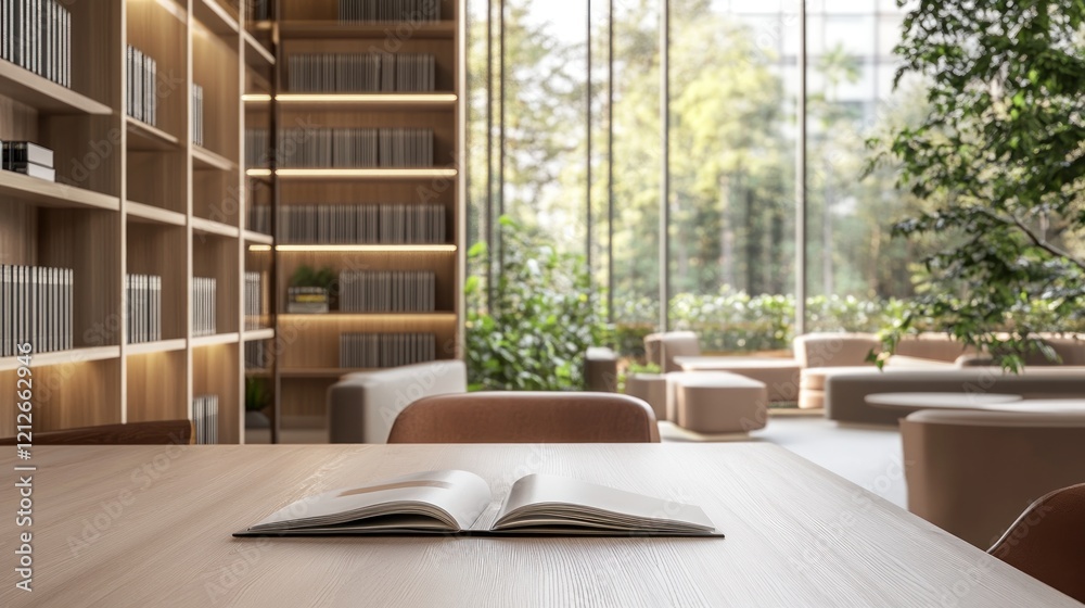 Poster Modern Library Lounge with Open Book on Table