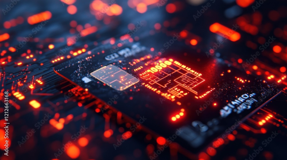 Aufkleber Illuminated Microchip Circuit Board Glowing Red