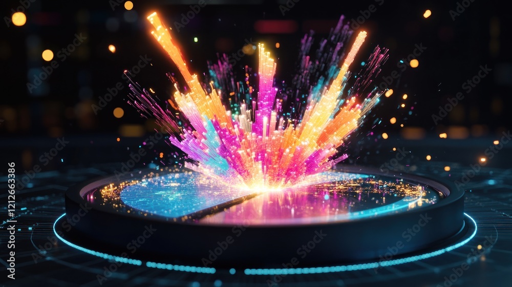 Poster Vibrant Light Fibers Exploding From Circular Platform