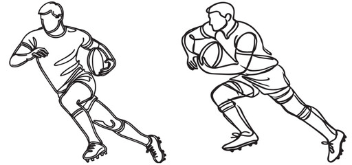 Continuous line drawing of a rugby athlete with a ball. Rugby Sevens. One line drawing vector