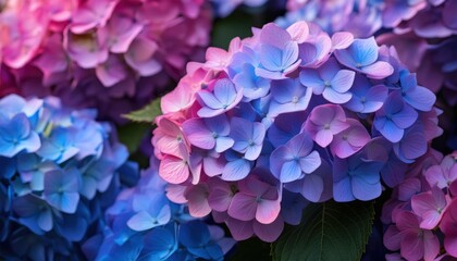 Obraz premium Bright colors of hydrangeas fill the garden during the joyful spring season.
