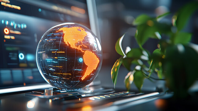 Dynamic team collaboration in a modern it office featuring glowing global data screen innovative technology hub inspiring work environment futuristic viewpoint