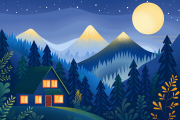 Obraz premium Digital illustration of a cozy cabin in a moonlit mountain landscape, surrounded by pine trees under a starry night sky