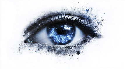 An eye surrounded by green leaves. Drawing, eye, white, background blue, sparks, neon. A neon eye with blue sparks. A black and white drawing of a girl with blue eyes and sparks background. Lifestyle.