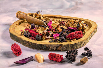 Aromatic Dried Flowers and Spices Rustic Wooden Tray