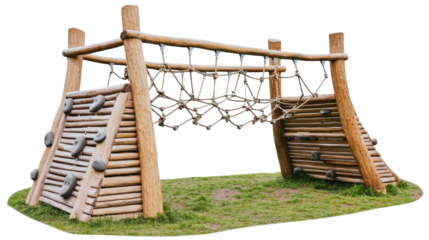 Wooden climbing play structure for kids in a park, isolated on transparent background