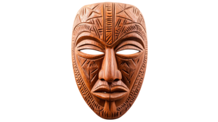 Wooden mask reflecting cultural artistry with fine carvings, isolated on transparent background