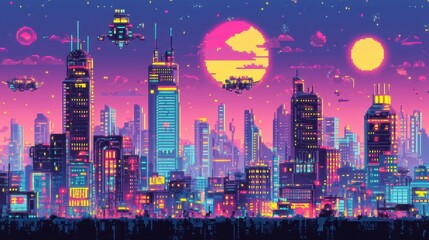 Obraz premium Futuristic Cityscape at Sunset with Flying Vehicles