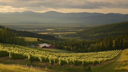 Vineyard Landscape With Red Barn And Distant Mountains