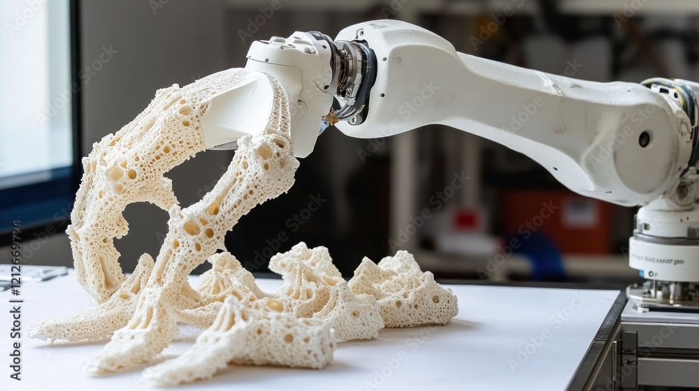 Poster robotic arm placing delicate porous white structure