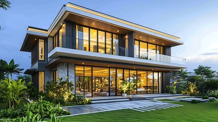 Fototapeta premium Contemporary Villa Design with Green Accents and Flat Roof Style