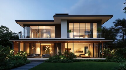 Obraz premium Contemporary Villa Design with Green Accents and Flat Roof Style