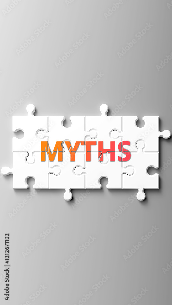 Poster myths complex like a puzzle - pictured as word myths on a puzzle pieces to show that myths is comple