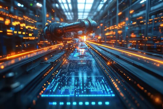 industrial automation facility with robotic arms in motion, cool blue lighting illuminates high-tech manufacturing processes, long exposure creates dramatic light trails