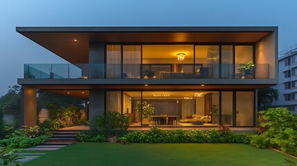 Obraz premium Contemporary Villa Design with Green Accents and Flat Roof Style