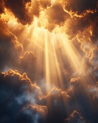 Obraz premium Golden sunlight piercing dramatic clouds in a majestic sky