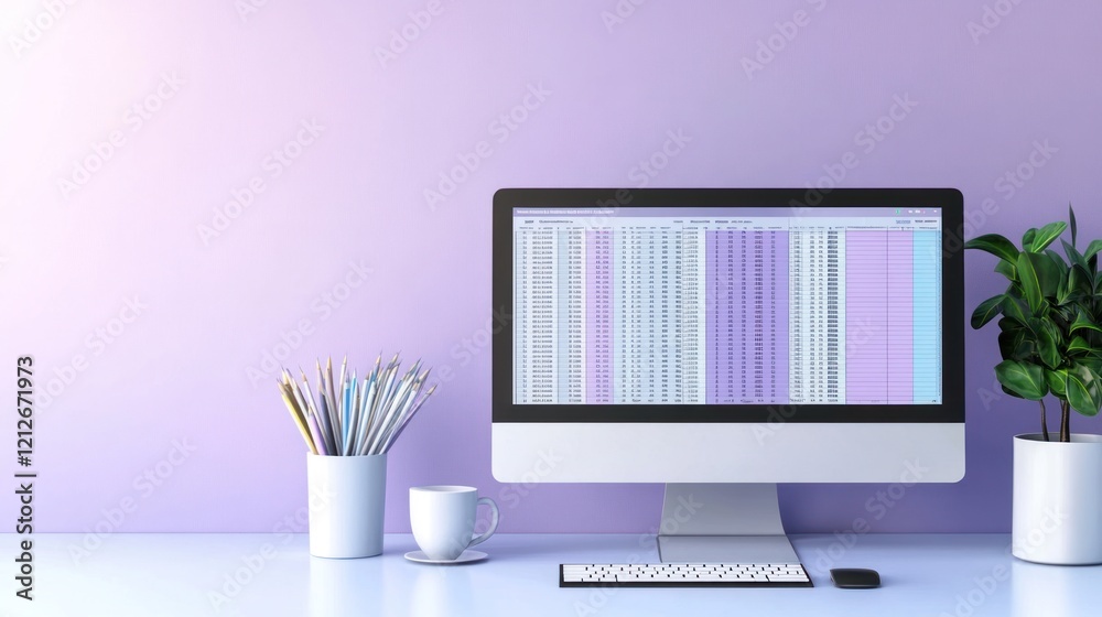 Poster Modern Workspace Featuring Computer Spreadsheet Data Analysis