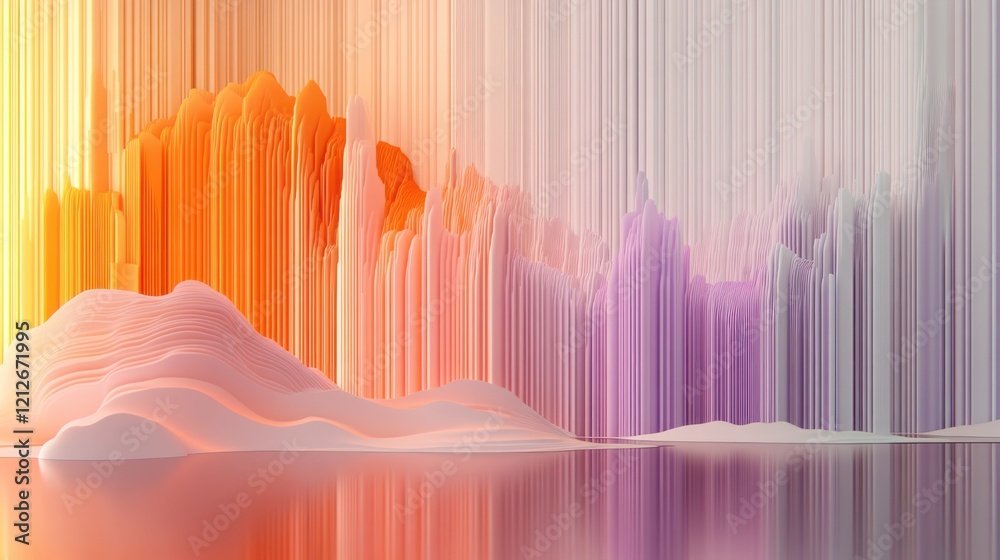 Poster Abstract Pastel Landscape with Vertical Lines and Soft Hills