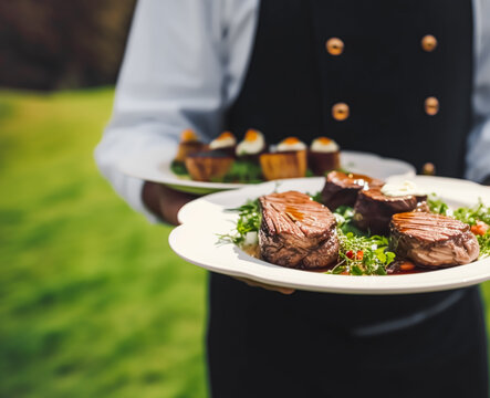 Steak served by a waiter at a luxury event outdoors, fine dining idea, post-processed, generative ai