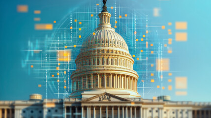 Iconic Capitol Building amidst digital data symbols, representing technology's influence on modern government policy, legislation, and innovation trends.