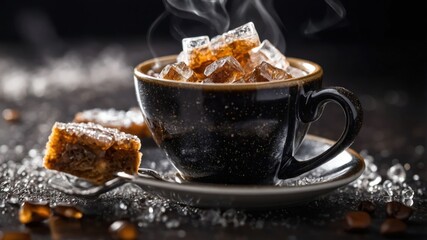 A steaming cup of coffee topped with ice cubes, accompanied by a sweet pastry.