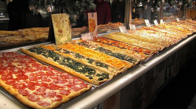 Assorted Gourmet Pizzas Displayed At A Market Stall