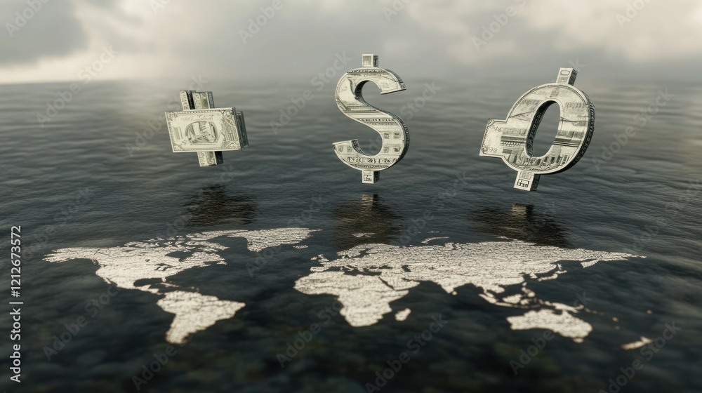 Poster Global Currency Symbols Float Above World Map