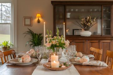 Happy Easter Background with Basket of Eggs and Tulips