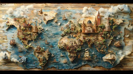 Fototapeta premium Artistic World Map Relief with Cities and Ships