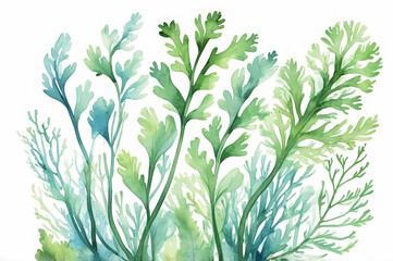 Watercolor drawing of blue-green algae or herbs on a white background