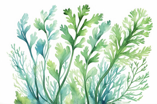 Watercolor drawing of blue-green algae or herbs on a white background