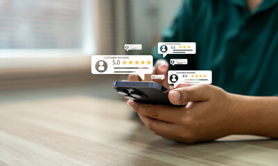 Customer satisfaction feedback, User give rating service experience online. Customer review satisfaction feedback survey concept for evaluating quality, Business reputation and performance ranking.