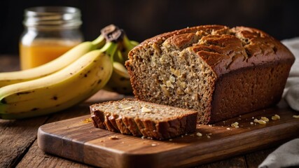 A loaf of banana bread on a wooden cutting board with bananas and a jar of juice.