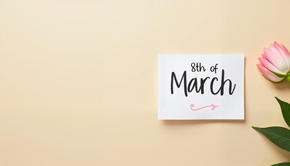 Elegant card with 8th of March text and pink flower on pastel background, Womens Day