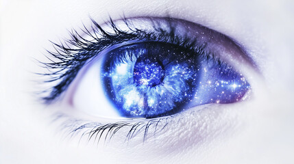 An eye surrounded by green leaves. Drawing, eye, white, background blue, sparks, neon. A neon eye with blue sparks. A black and white drawing of a girl with blue eyes lifestyle and sparks background.