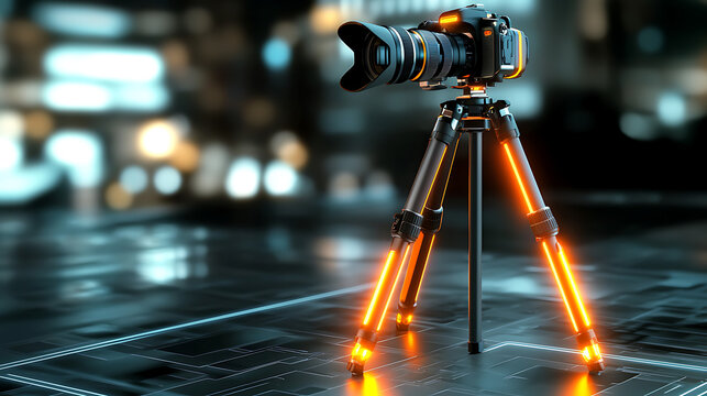 A camera with a tripod is lit up in a dark room. generated using AI - Powered by Adobe