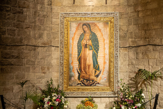 Barcelona, Spain. 10 19 2024: Replica of the original Virgin of Guadalupe brought on pilgrimage by the archbishop of Puebla to the Basilica of Our Lady of the Sea 2019