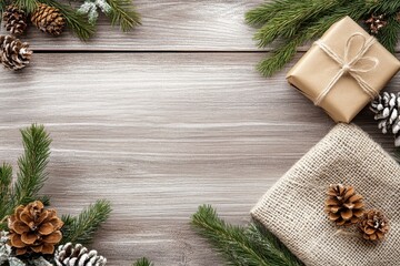 A serene and inviting holiday scene featuring pine cones, a wrapped gift box, and evergreen branches on a rustic wooden table, perfect for festive celebrations.