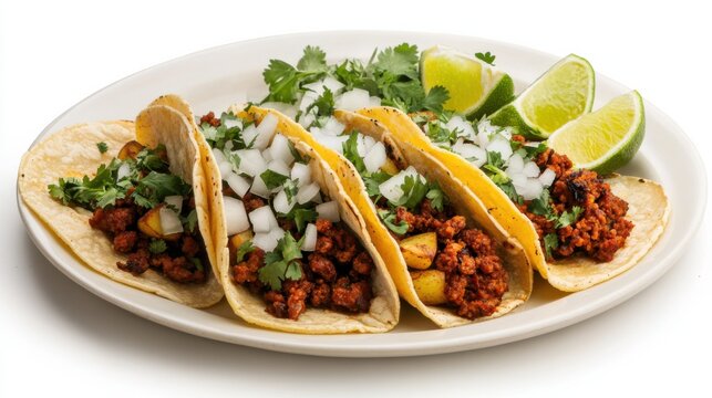 A plate of spicy chorizo and potato tacos with diced onions, cilantro, and lime wedges on soft corn tortillas