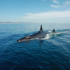 Fototapeta premium baleine, eau, voyager, Vue aérienne d’une baleine grise dans le Pacifique, près des côtes mexicaines en Basse-Californie du Sud