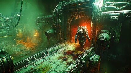 A grotesque figure walks through a decaying metallic structure