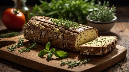 A rustic wooden board displaying a log of cheese garnished with herbs and accompanied by vegetables.