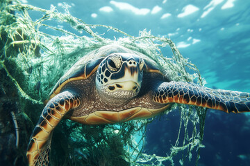 Fototapeta premium Sea turtle entangled in discarded fishing net. Ocean pollution and plastic waste, marine animal death and extinction. Close-up