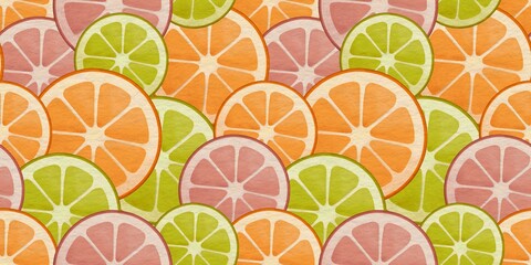 seamless pattern with bright slices of lime, orange and grapefruit on a textured background