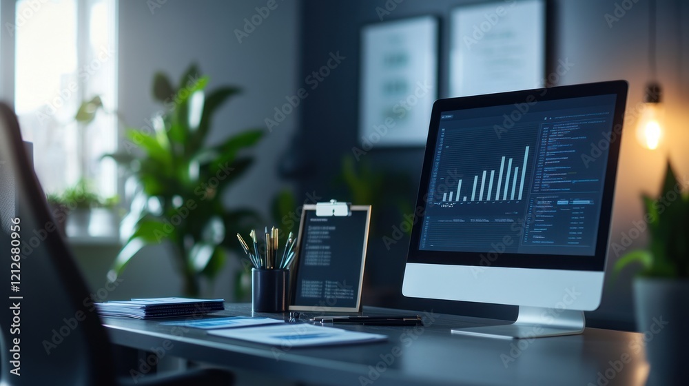 Poster Modern Workspace Showing Data Analysis and Code